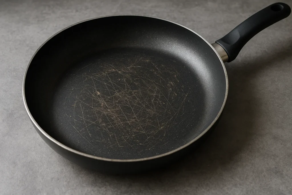 een koekenpan met een beschadigde anti-aanbaklaag van Teflon